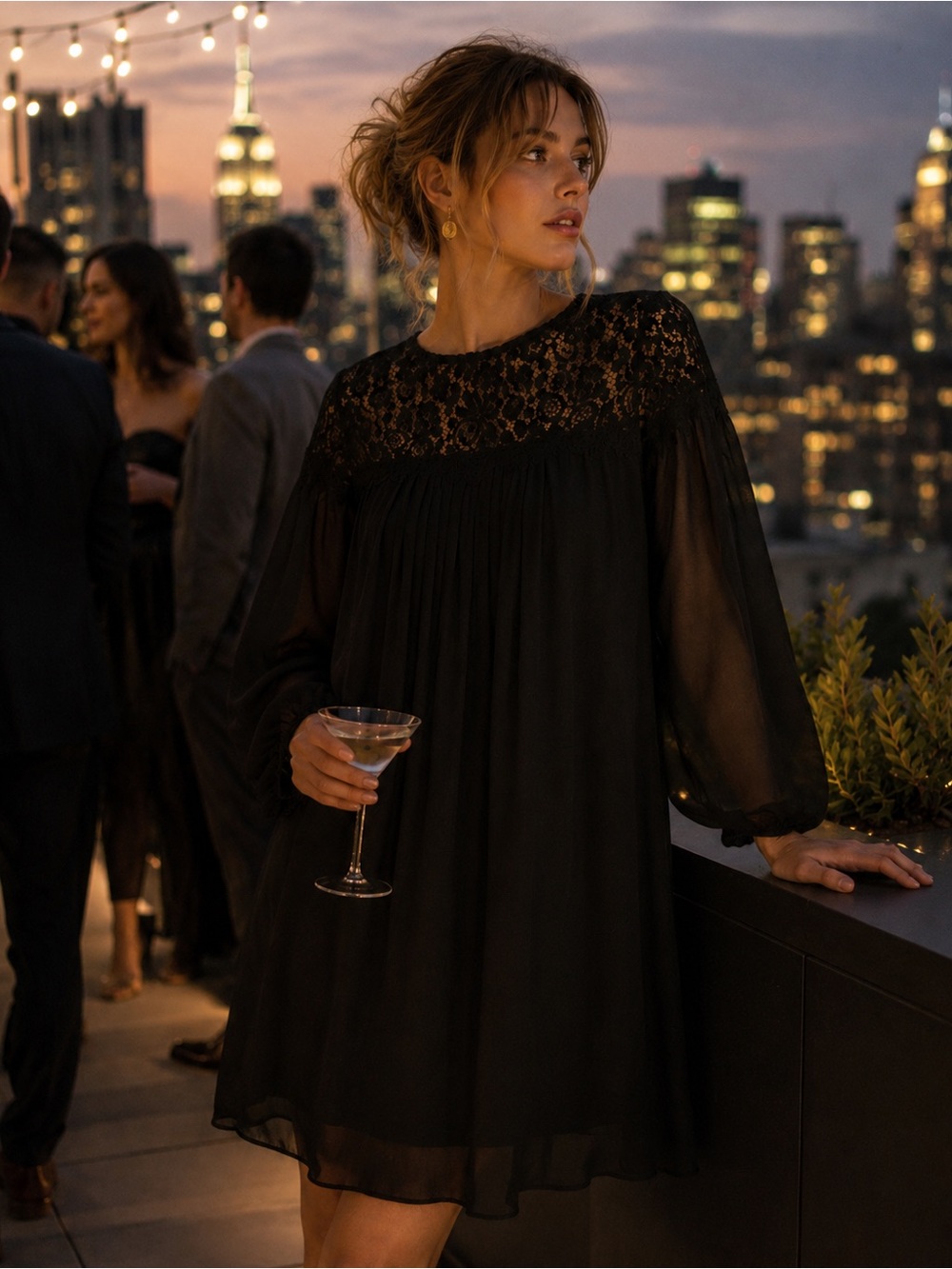 Black Lace Dres with Sheer Sleeves and Pleated Front